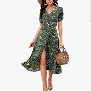 Floral Print V Neck Button Front Short Sleeve Split A Line Midi Dress Green
